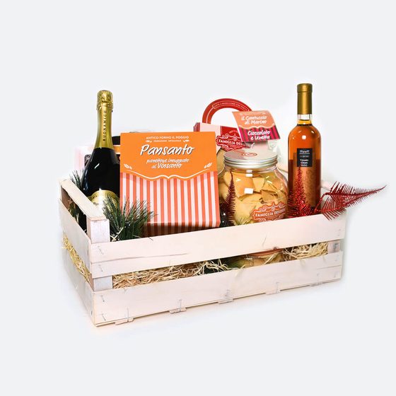 Cassetta in legno chiaro, dolce e vino